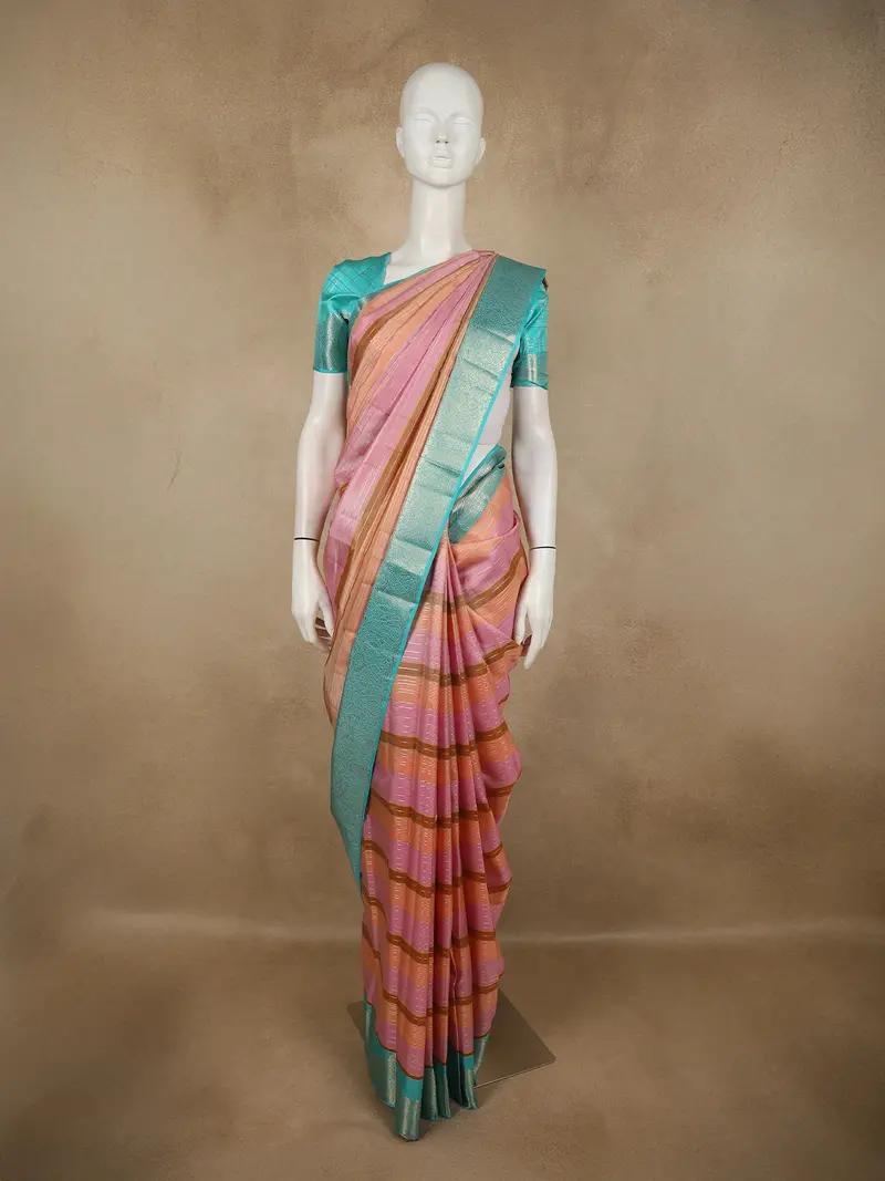 Pastel Peach-Pink Striped Woven Design Pure Kanchipuram Silk Saree With Contrast Zari Border 1