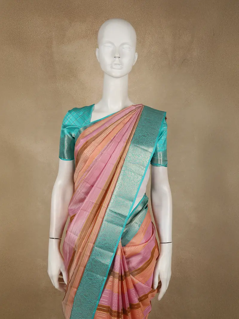 Pastel Peach-Pink Striped Woven Design Pure Kanchipuram Silk Saree With Contrast Zari Border 2