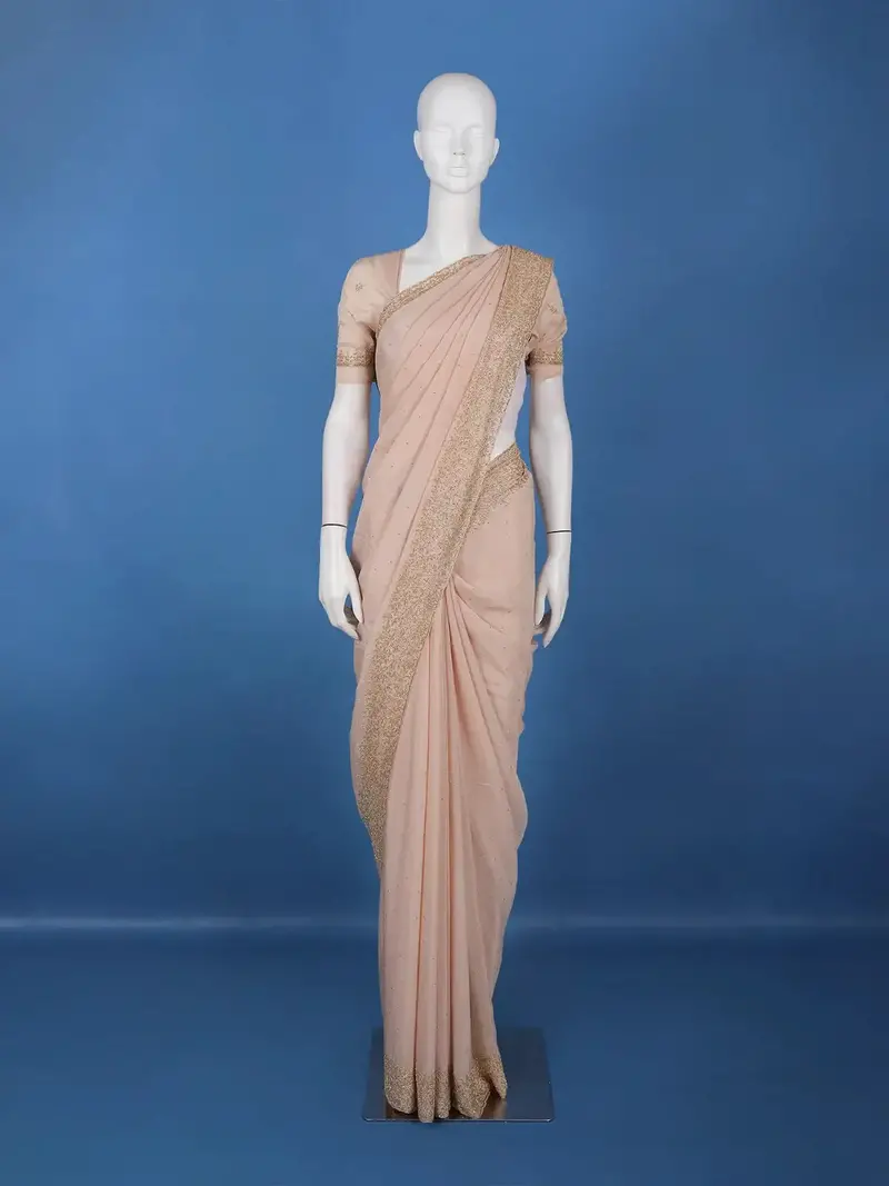 Pastel Peach Solid Design Synthetic Saree With Floral Beads Border 1
