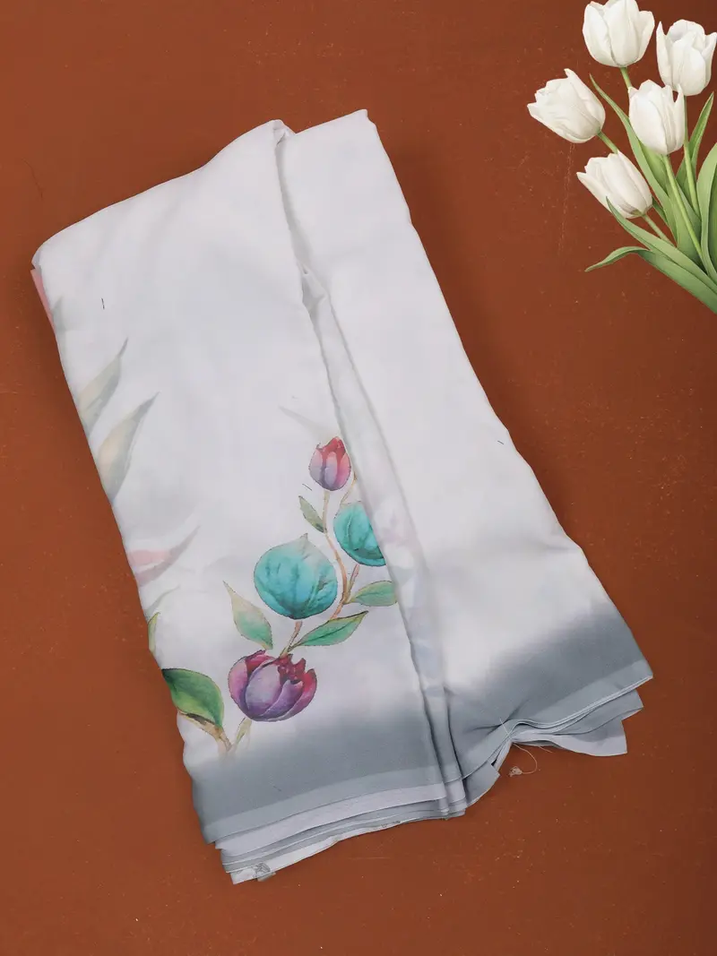 Pastel Pearl Grey Minimal Floral Printed Chiffon Saree With Ombre Border 1