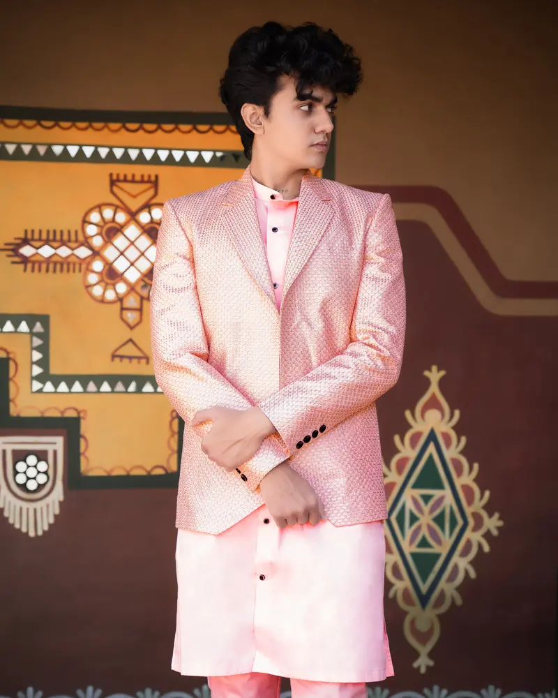 Pastel Pink Cotton Embroidered Thread Work Bandhgala Sherwani 1