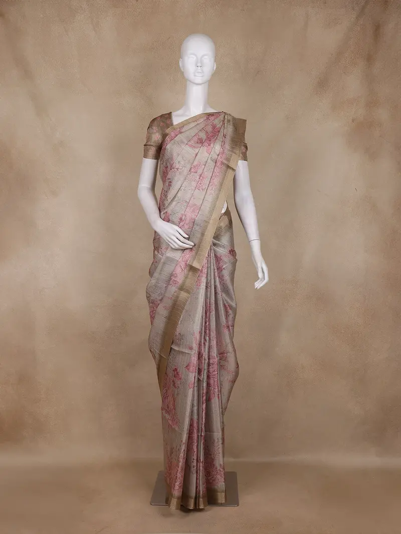 Pastel Pink Floral Design Tissue Silk Saree With Zari Border 1