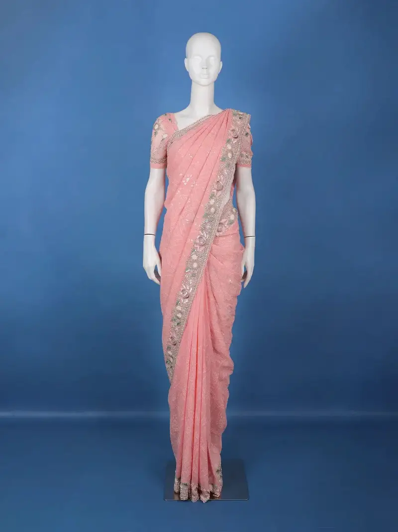 Pastel Pink Floral Embroidered Synthetic Saree 1