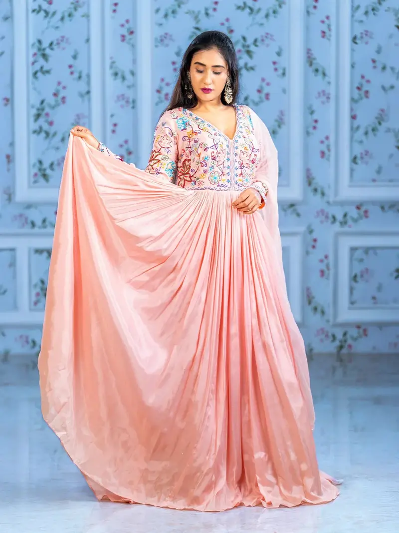 Pastel Pink Floral Embroidery Lycra Partywear Gown 1