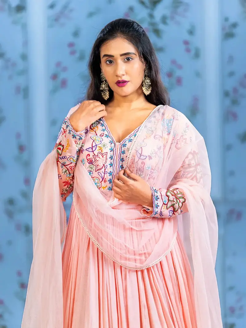 Pastel Pink Floral Embroidery Lycra Partywear Gown 2