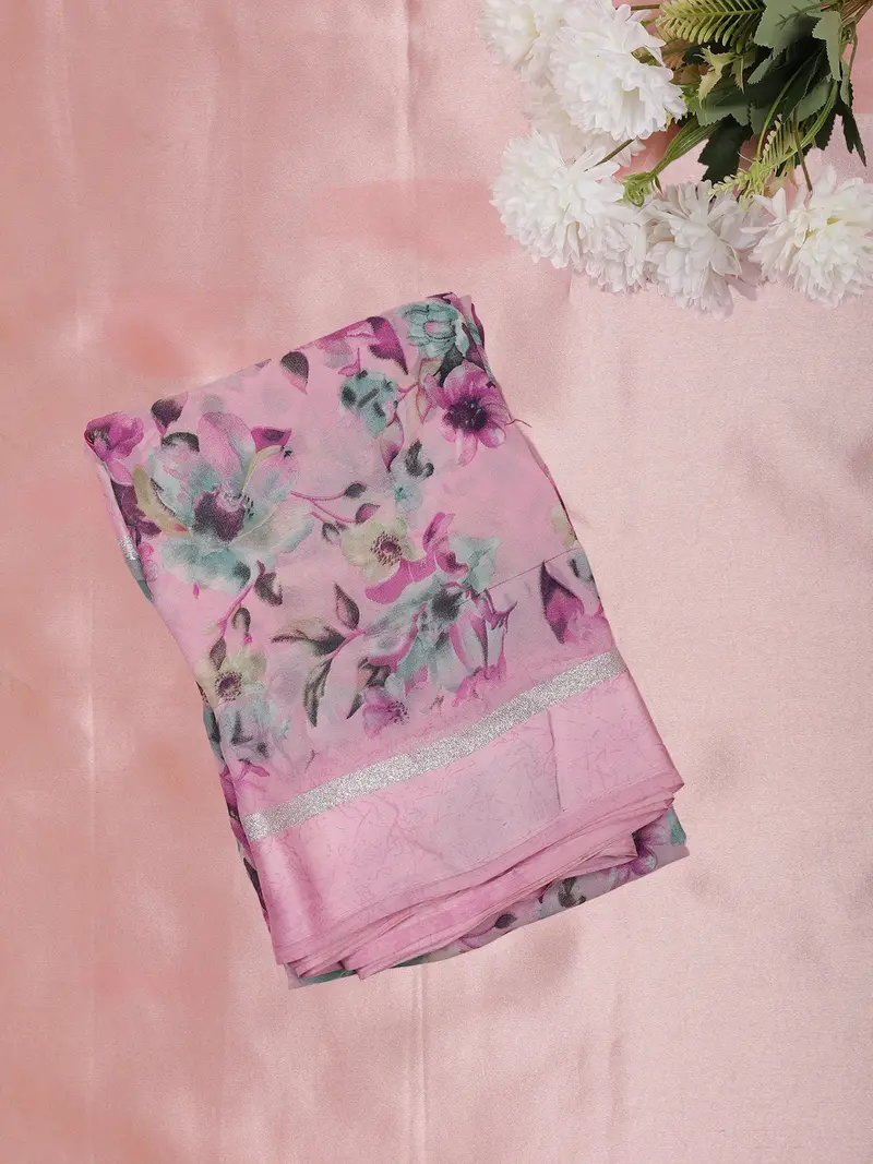Pastel Pink Floral Printed Design Mixed Cotton Saree 1