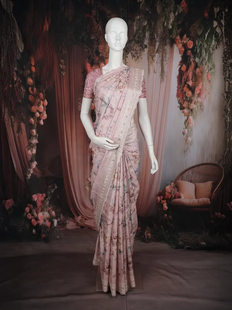 Pastel Pink Floral Printed Design Tussar Saree With Embroidered Lace Border 1