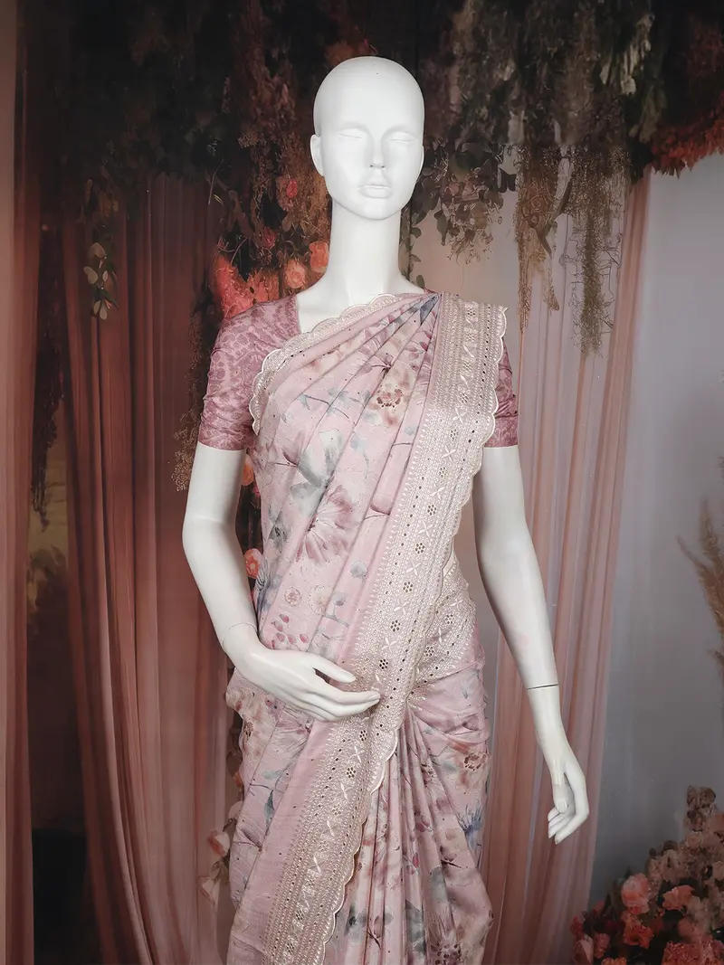 Pastel Pink Floral Printed Design Tussar Saree With Embroidered Lace Border 2