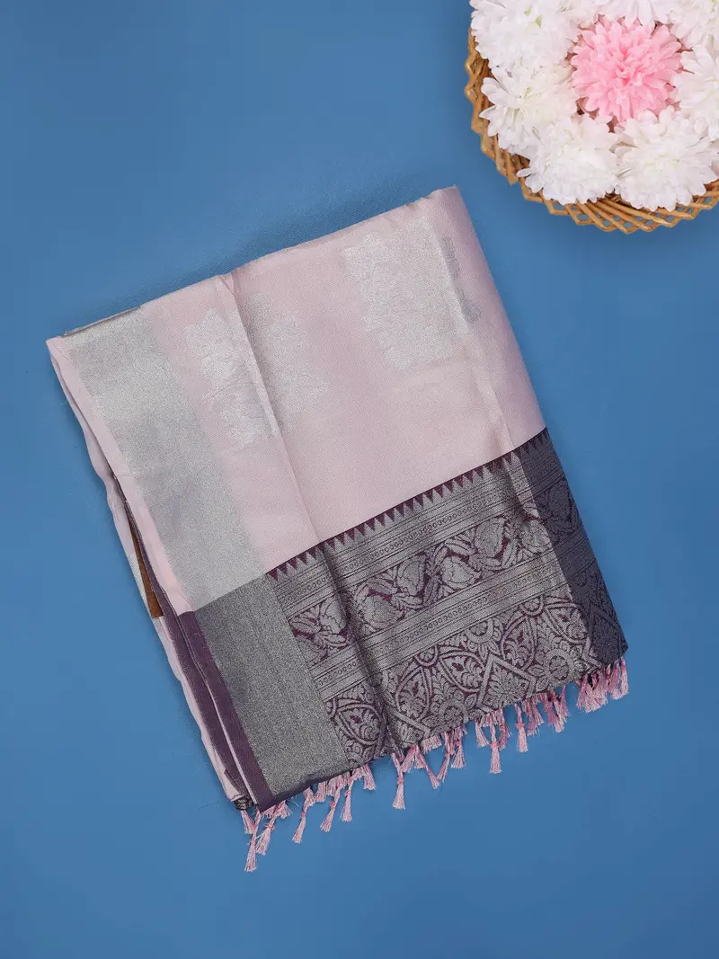 Pastel Pink Floral Woven Art Silk Saree With Contrast Zari Border 1