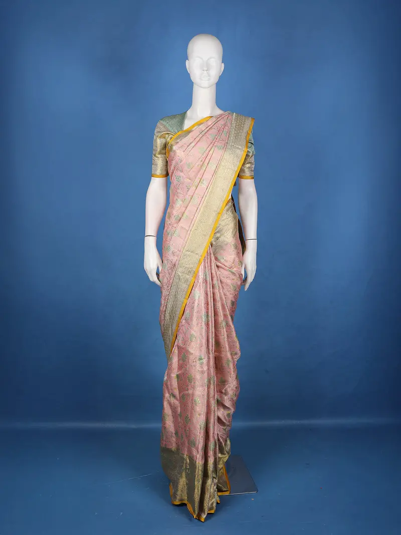 Pastel Pink Floral Woven Design Pure Kanchipuram Silk Saree 1