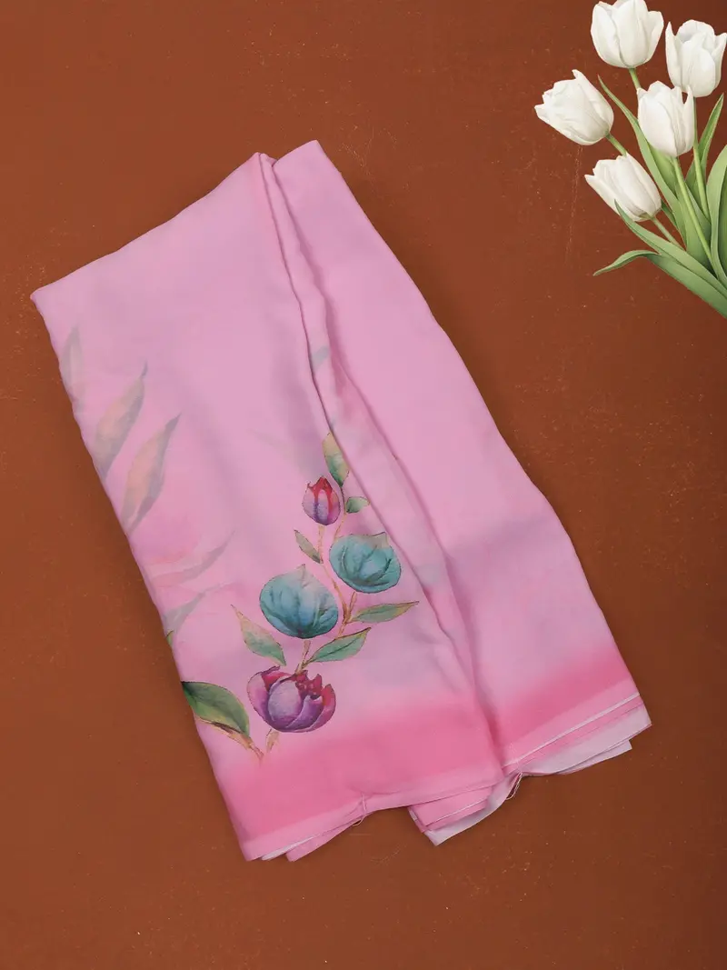 Pastel Pink Minimal Floral Printed Chiffon Saree With Ombre Border 1