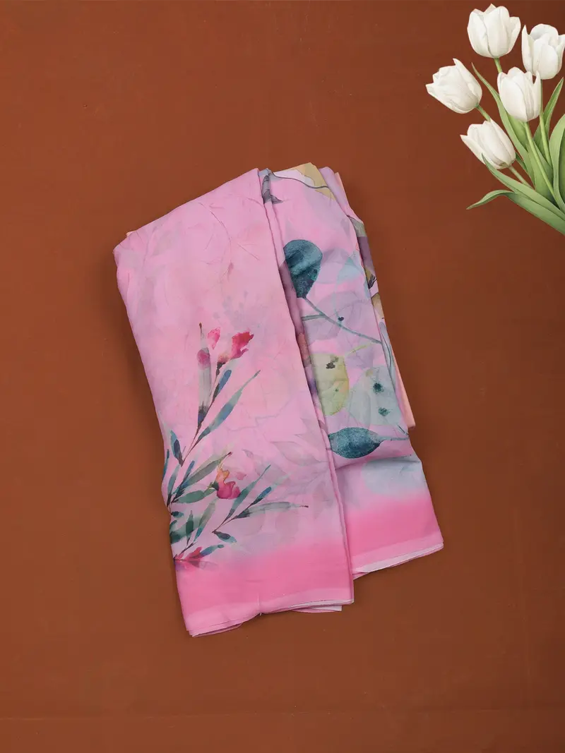 Pastel Pink Multicolor Floral Printed Chiffon Saree With Ombre Border 1