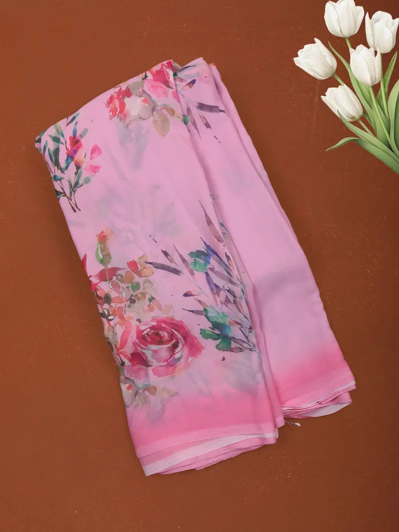 Pastel Pink Multicolor Floral Printed Chiffon Saree With Ombre Border 1