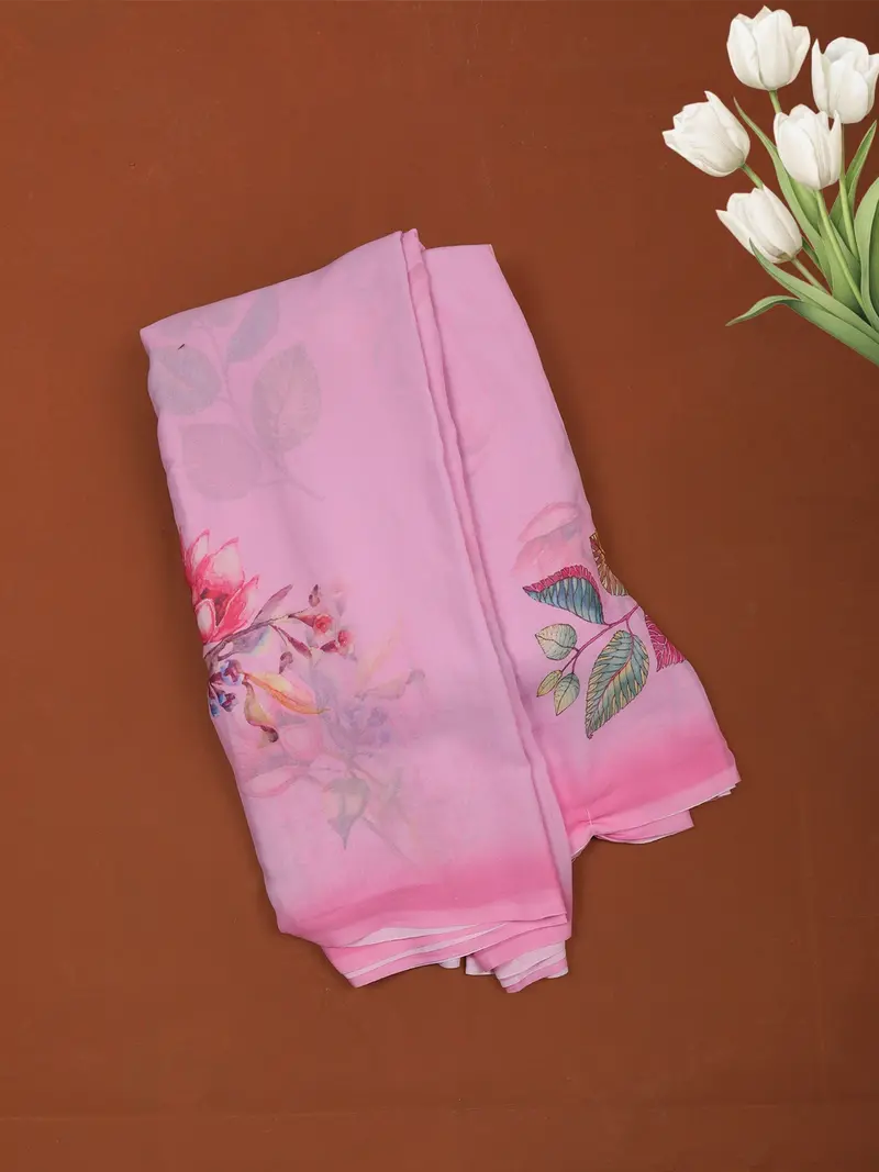 Pastel Pink Multicolor Floral Printed Chiffon Saree With Ombre Border 1