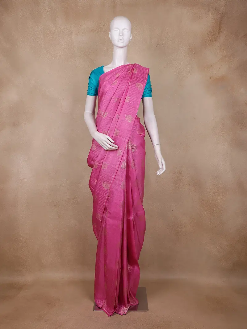 Pastel Pink Peacock Butta Woven Design Pure Kanchipuram Silk Saree With Contrast Border 1