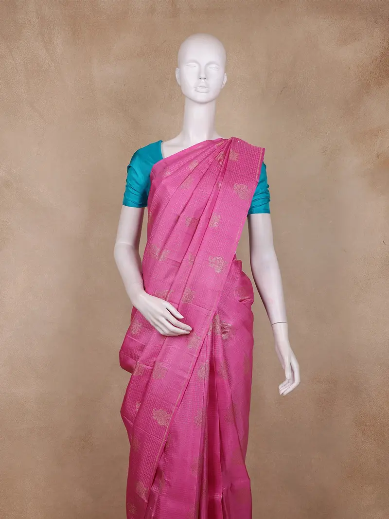 Pastel Pink Peacock Butta Woven Design Pure Kanchipuram Silk Saree With Contrast Border 2