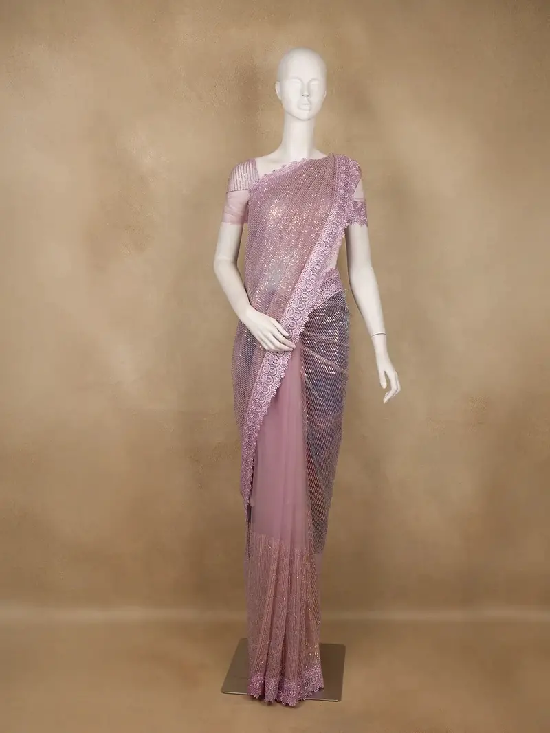 Pastel Pink Sequin Embellishment Organza Saree 1