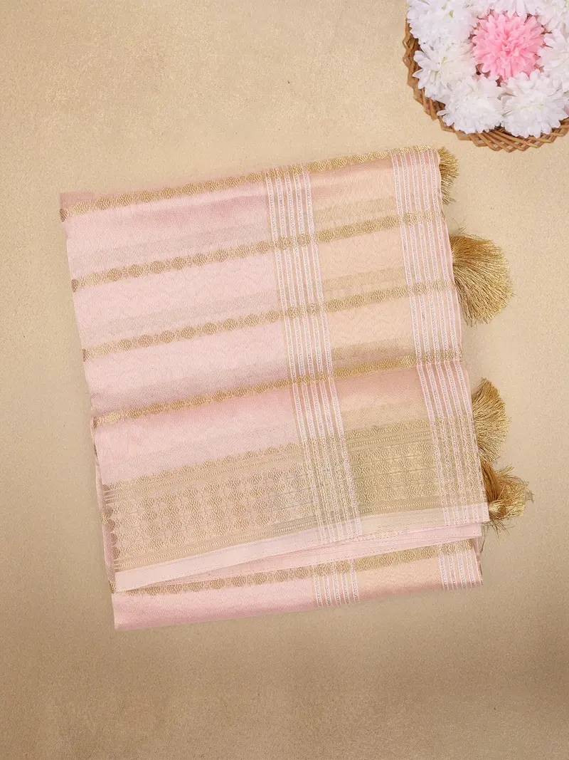 Pastel Pink Stripes Woven Tissue Saree With Zari Border 1