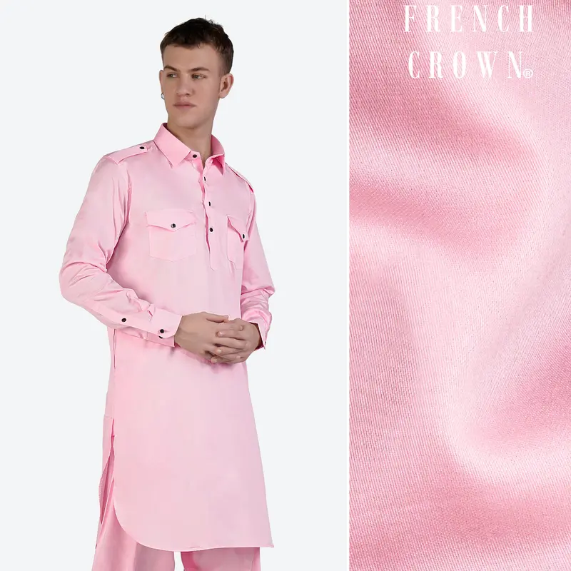 Pastel Pink Subtle Sheen Super Soft Premium Cotton Pathani Kurta 1
