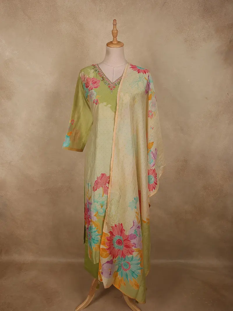 Pastel Pistachio Green Floral Printed Design Tissue Silk Salwar Suit With Dupatta 1