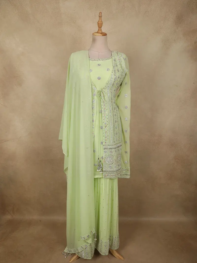 Pastel Pistachio Green Sequins And Beads Embroidered Design Georgette Sharara Suit With Over Coat 1