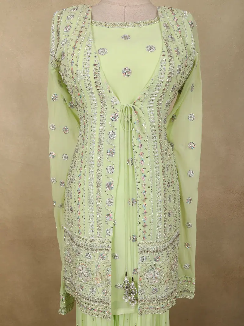 Pastel Pistachio Green Sequins And Beads Embroidered Design Georgette Sharara Suit With Over Coat 2