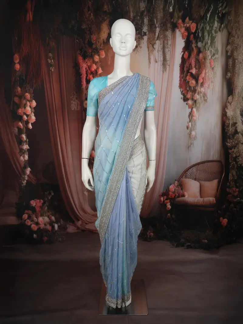 Pastel Powder Blue Diagonal Sequins And Silver Embellished Design Satin Designer Saree With Stone Work Border 1