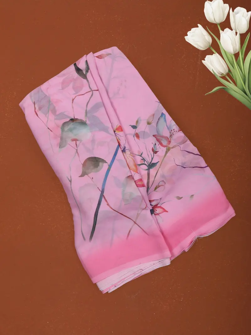 Pastel Rose Pink Floral And Leaf Printed Chiffon Saree With Ombre Border 1
