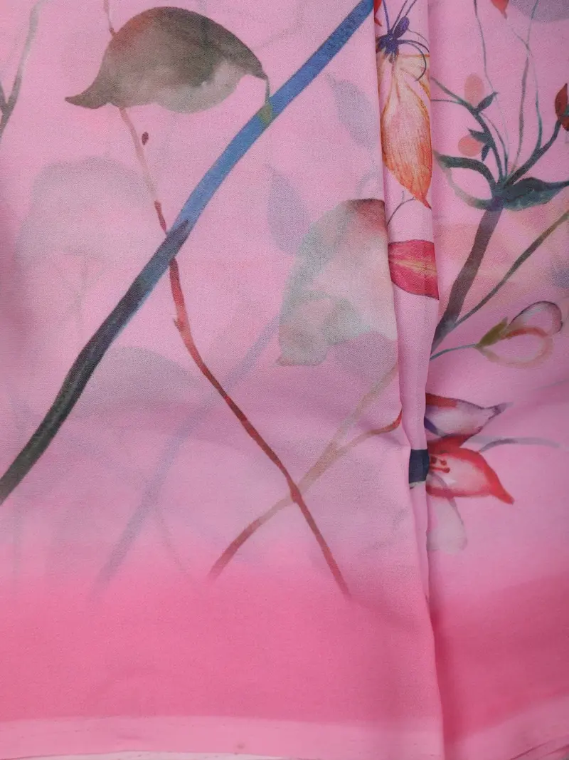 Pastel Rose Pink Floral And Leaf Printed Chiffon Saree With Ombre Border 2
