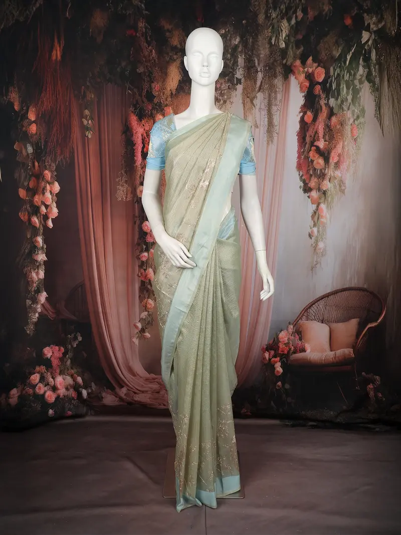 Pastel Sage Green Floral Design Tissue Saree 1