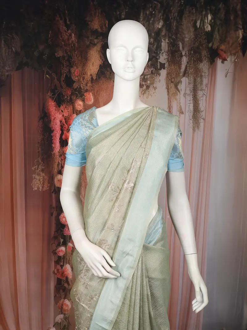 Pastel Sage Green Floral Design Tissue Saree 2
