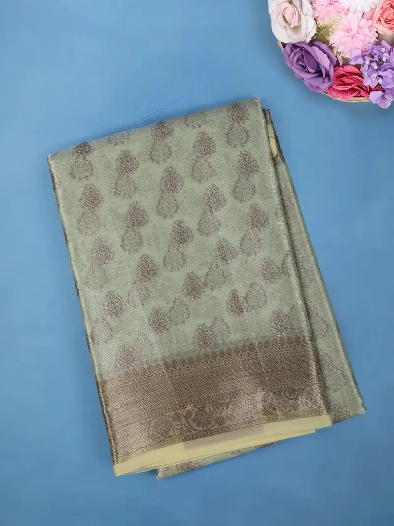 Pastel Sage Green Floral Motifs Design Tissue Silk Saree 1