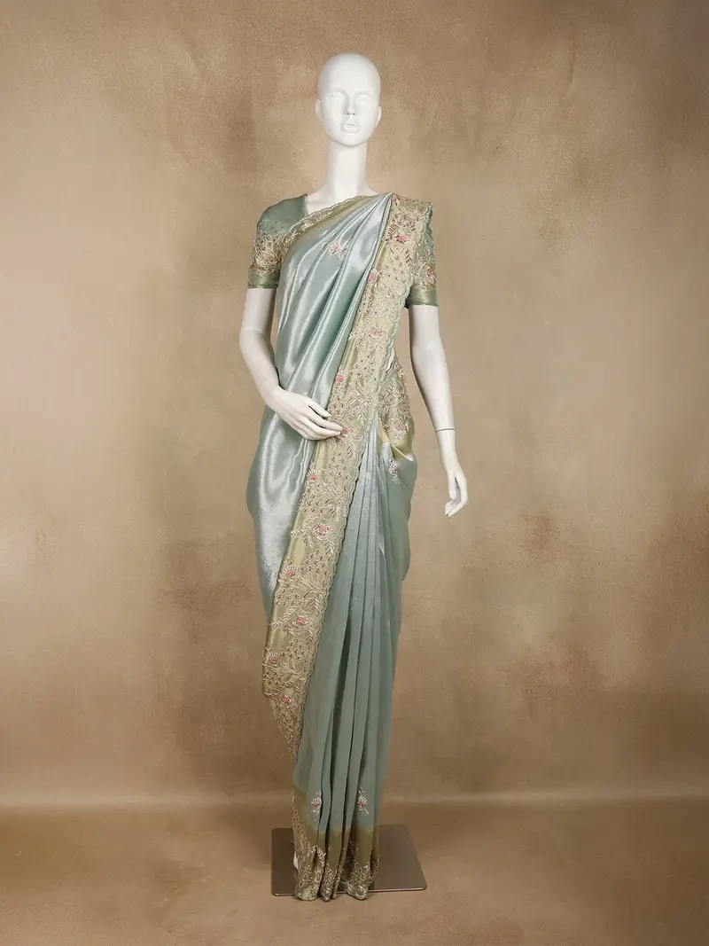 Pastel Sage Green Floral Sequins And Thread Embroidered Design Tissue Designer Saree 1