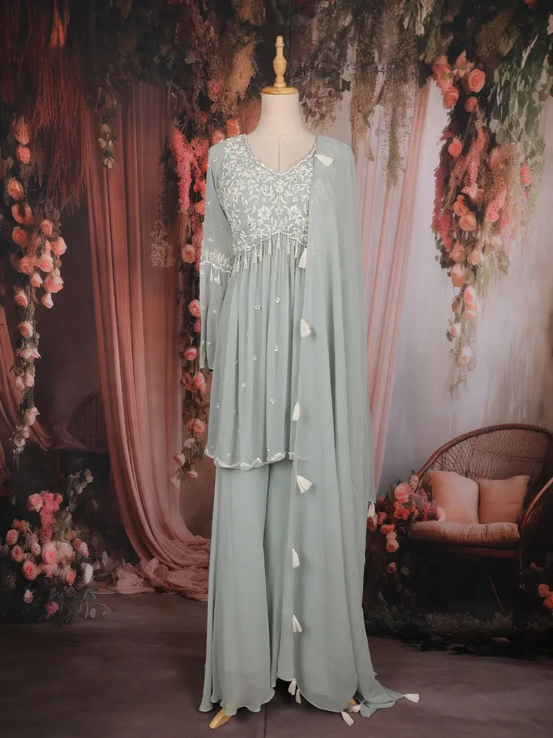 Pastel Sage Green Floral Sequins Embroidered Georgette Palazzo Suit 1