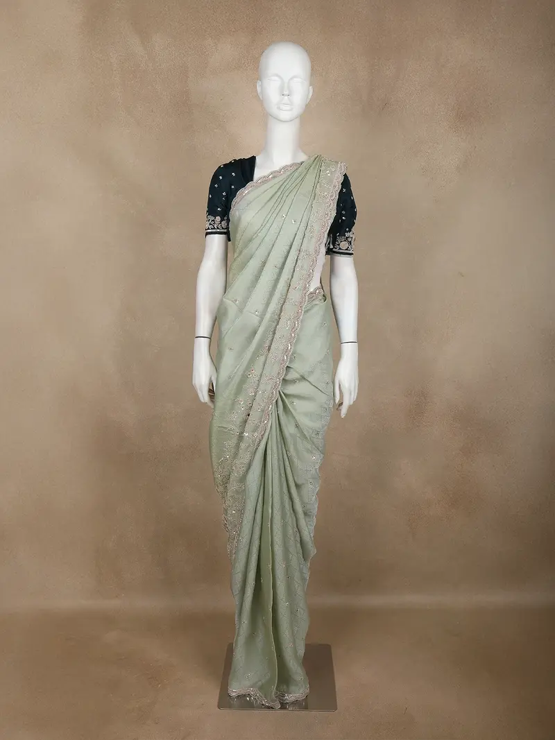 Pastel Sage Green Floral Sequins Embroidered Tissue Saree 1