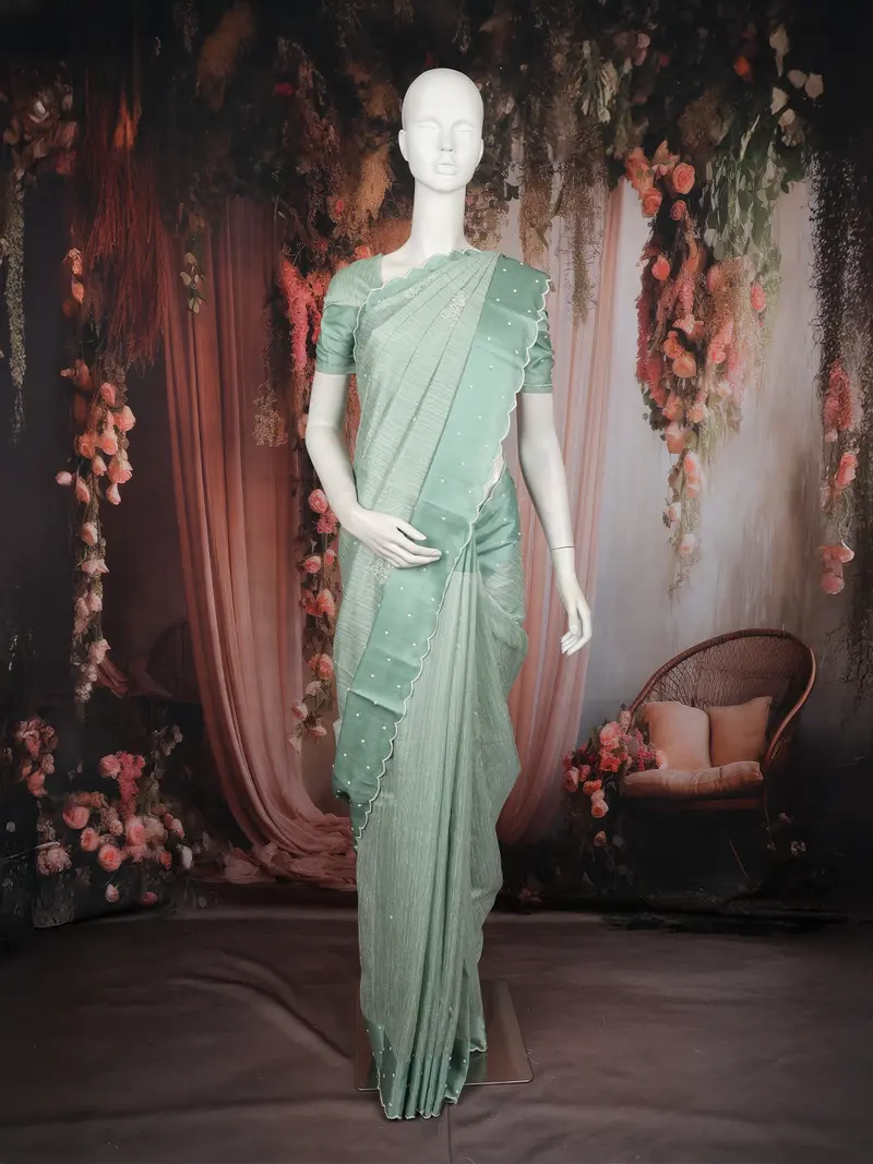 Pastel Sage Green Solid Design Tussar Saree With Scallop Embroidered Border 1