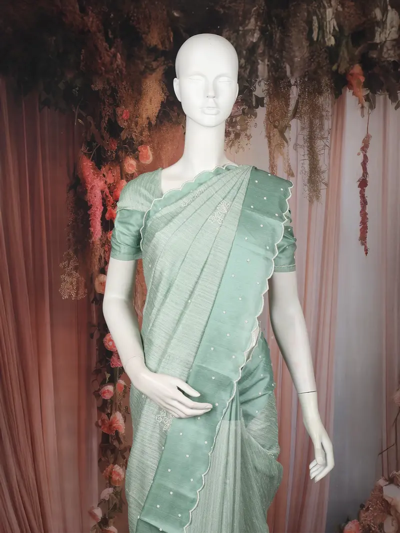 Pastel Sage Green Solid Design Tussar Saree With Scallop Embroidered Border 2