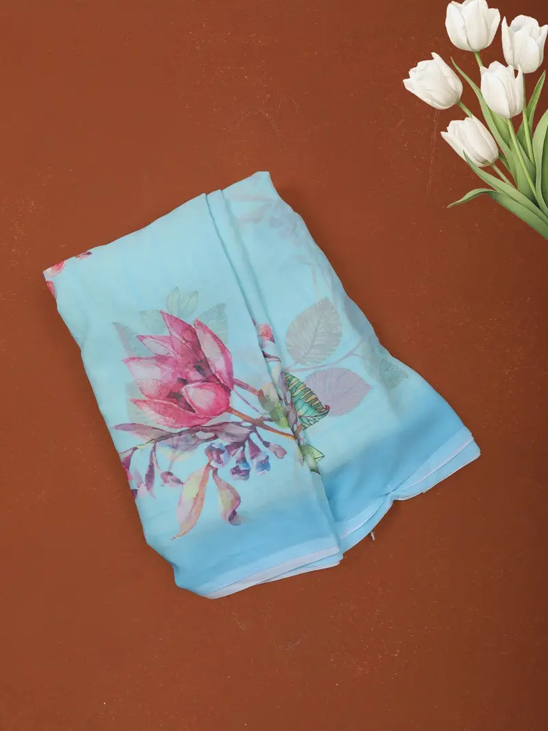 Pastel Sky Blue Floral Printed Chiffon Saree With Ombre Border 1