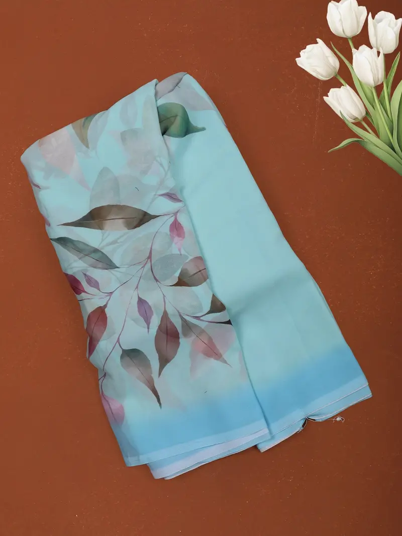 Pastel Sky Blue Leaf Printed Chiffon Saree With Ombre Border 1
