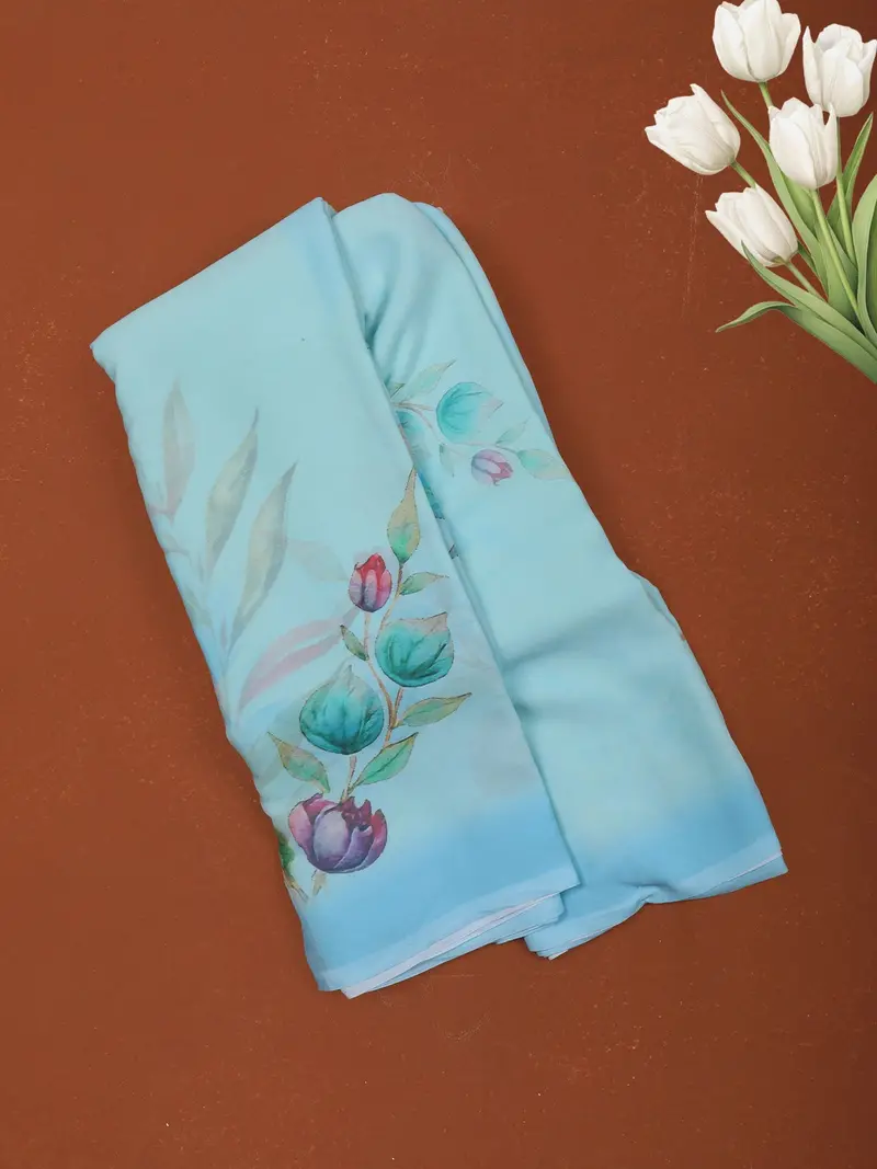 Pastel Sky Blue Minimal Floral Printed Chiffon Saree With Ombre Border 1