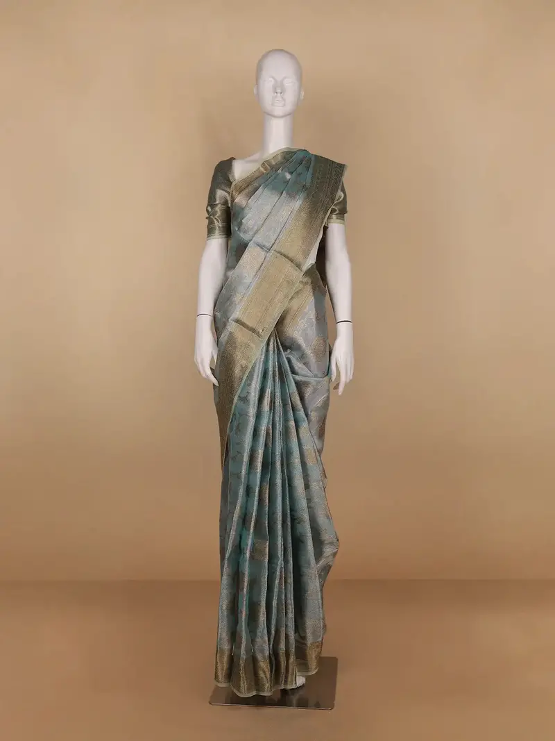 Pastel Teal Blue Floral Motifs Semi Tissue Saree 1