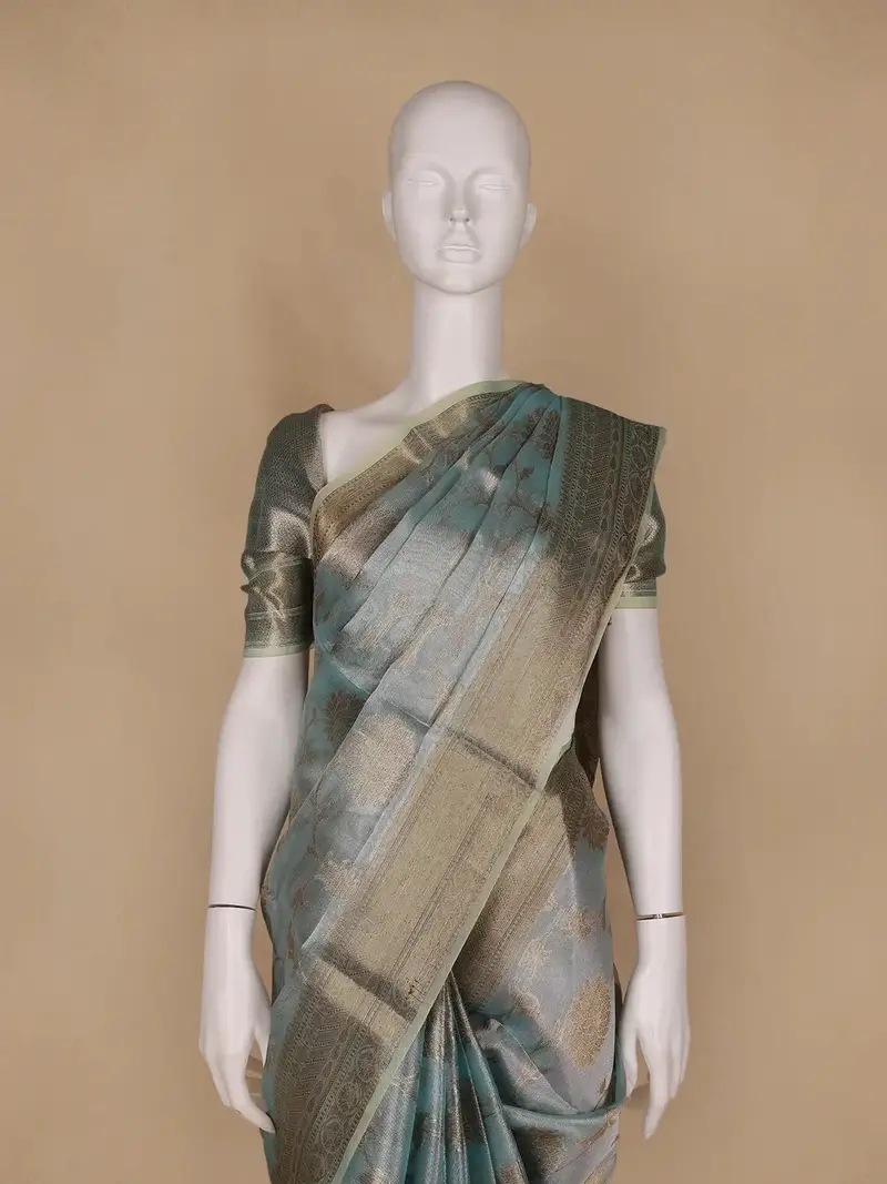 Pastel Teal Blue Floral Motifs Semi Tissue Saree 2