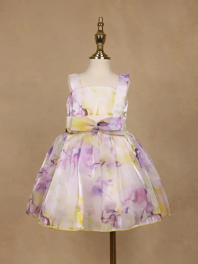 Pastel Watercolor Floral Satin Party Frock With Bow Detail 1