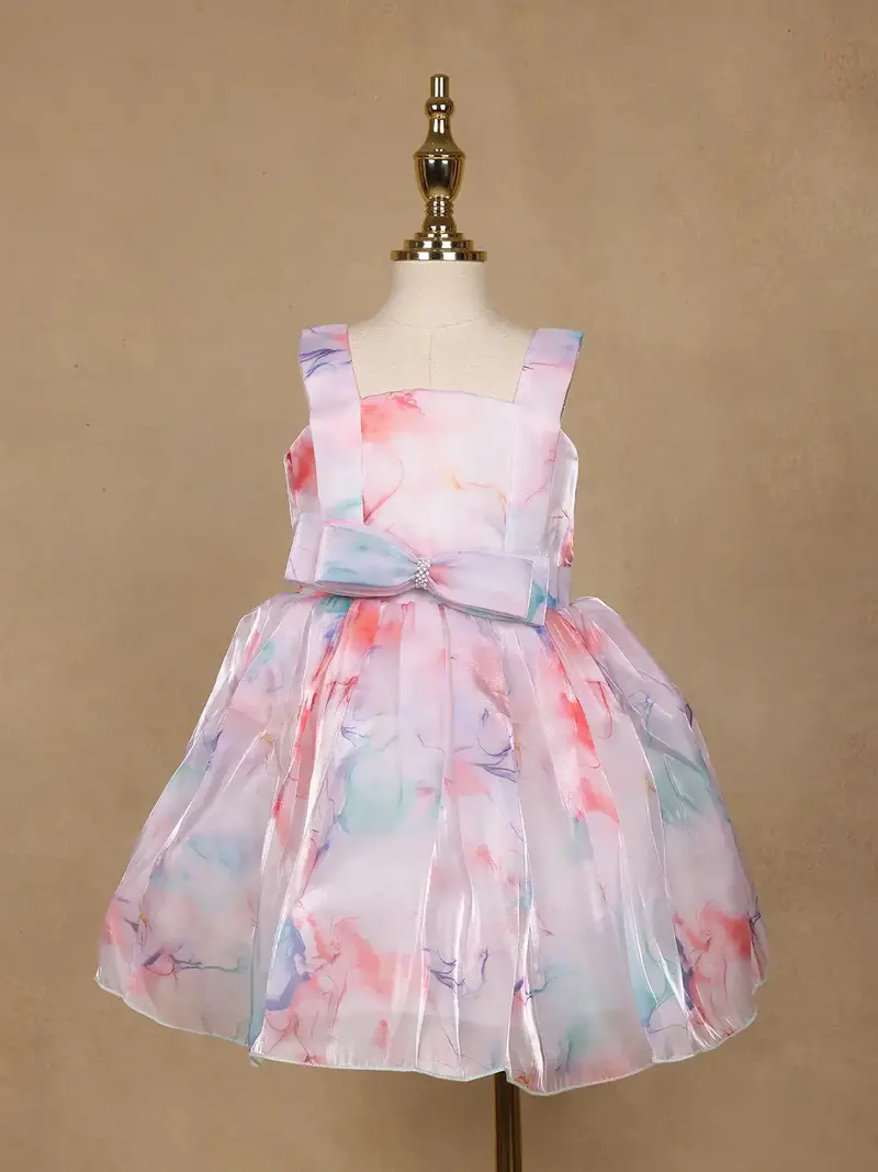 Pastel Watercolor Print Satin Party Frock With Pearl Bow Accent 1