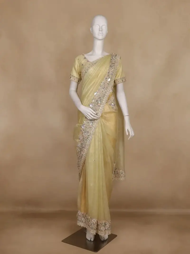 Pastel Yellow Embellished Design Organza Saree 1