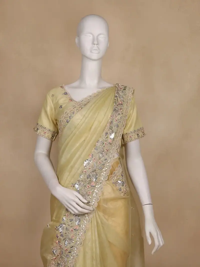 Pastel Yellow Embellished Design Organza Saree 2