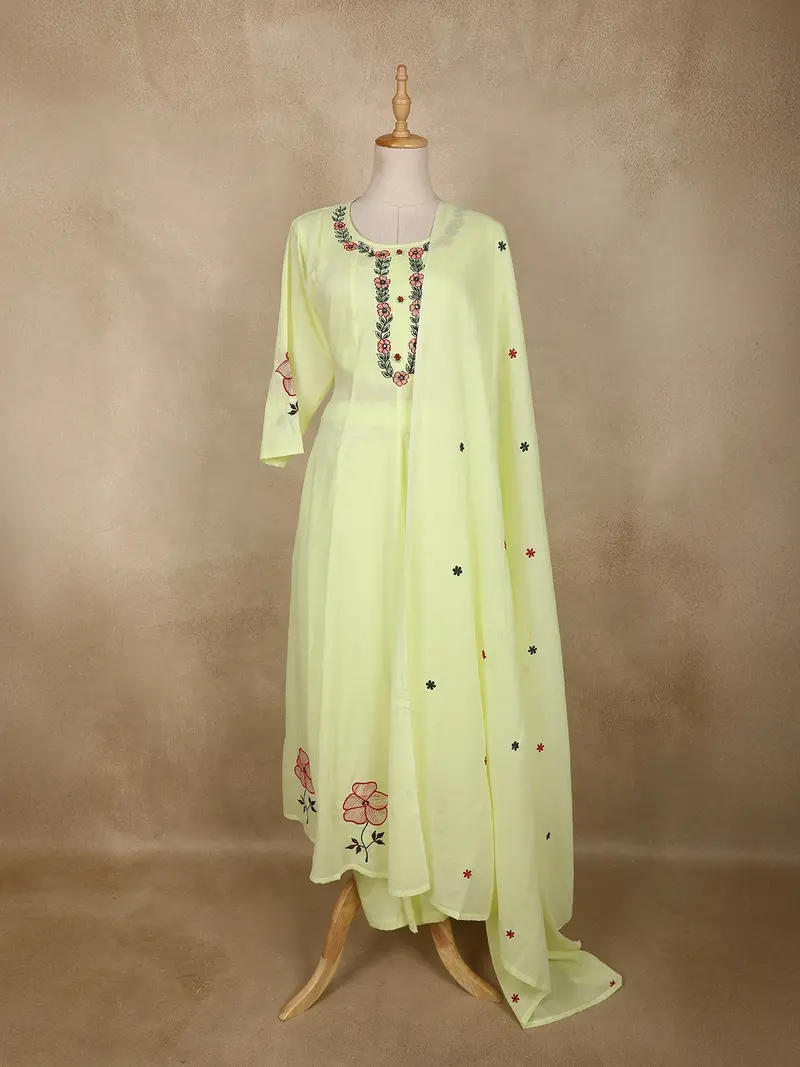 Pastel Yellow Floral Embroidered Cotton Anarkali Suit With Dupatta 1