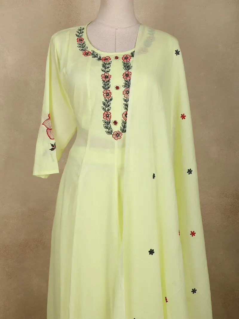 Pastel Yellow Floral Embroidered Cotton Anarkali Suit With Dupatta 2