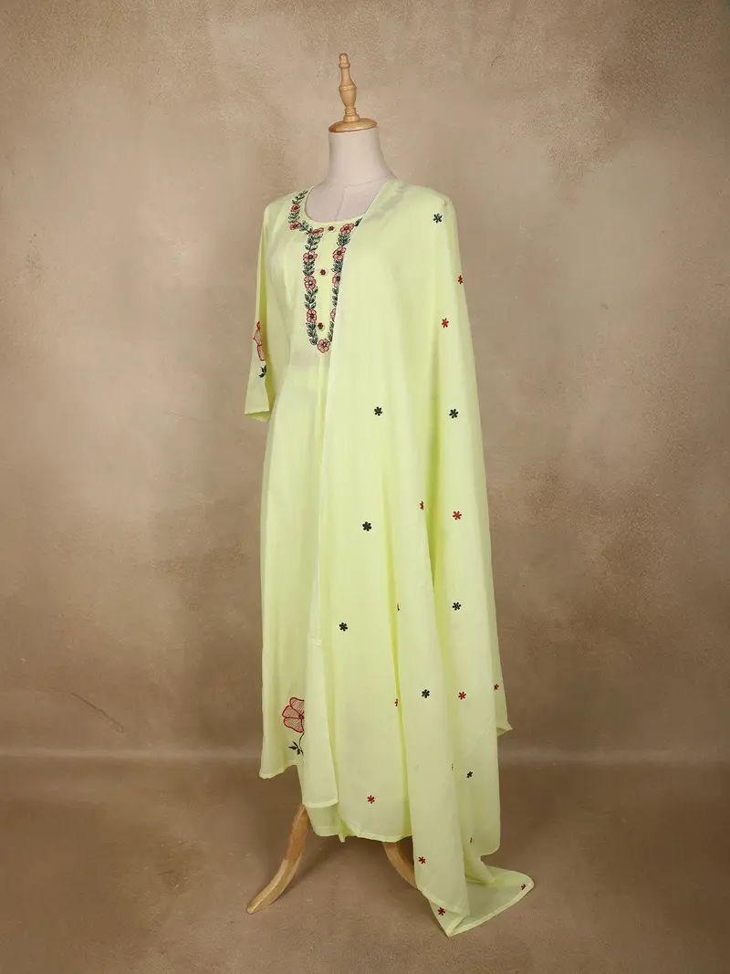 Pastel Yellow Floral Embroidered Cotton Anarkali Suit With Dupatta 3