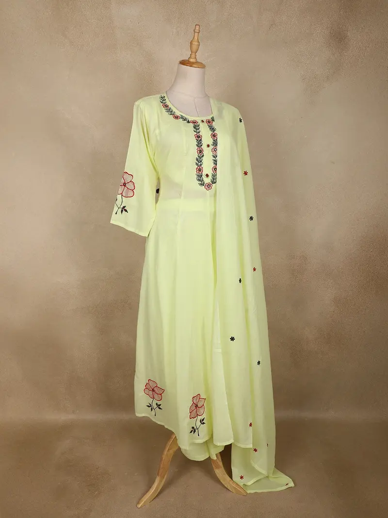 Pastel Yellow Floral Embroidered Cotton Anarkali Suit With Dupatta 4